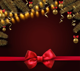Fototapeta na wymiar Christmas and New Year background with fir branches, gold Christmas balls and red bow.
