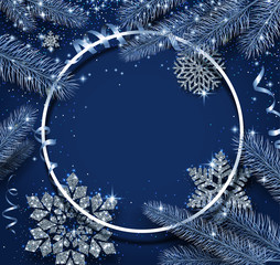 Blue Christmas and New Year round shiny card with snowflakes and fir branches. - 233547618
