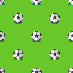 Vector flat seamless pattern with icons of soccer footbal ball on green playing field. Pictogram