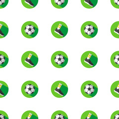 Vector flat seamless pattern with icons of soccer football balls and boots on green playing field