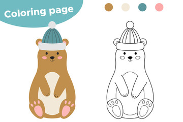 Coloring page for kids. Cute cartoon bear with winter hat. Woodland animals. Vector illustration.