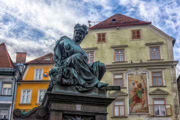 Archduke Johann Fountain, allegorical representation of the river Sann, Hauptplatz square, Graz, Styria,