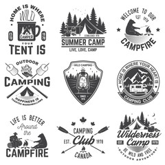 Summer camp. Vector illustration. Concept for shirt or patch, print, stamp. Vintage typography design with rv trailer, camping tent, campfire, bear, man with guitar and forest silhouette.