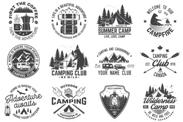 Summer camp. Vector. Concept for shirt or patch, print, stamp. Vintage typography design with rv trailer, camping tent, campfire, bear, coffee maker, pocket knife and forest silhouette. - obrazy, fototapety, plakaty
