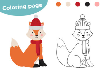 Coloring page for kids. Cute cartoon fox. Woodland animals. Fox to wear a winter hat and scarf. Vector illustration