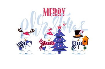 Merry Christmas and Happy New Year vector background with cute snowmen and typographic design. Winter cartoon illustration