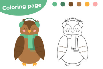 Coloring page for kids. Cute cartoon owl. Woodland animals. Owl to wear a winter clothes. Vector illustration