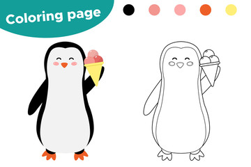 Coloring page for kids. Cute cartoon penguin with ice cream. Arctic animals. Vector illustration