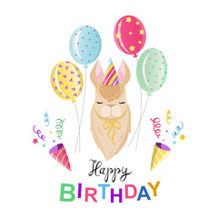 Illustration of a happy birthday. Lama with balloons. White background © Mariia Shishkina
