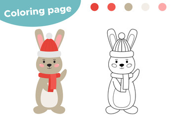 Coloring page for kids. Cute cartoon rabbit. Woodland animals. Bunny to wear a winter hat and scarf. Vector illustration