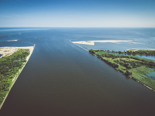 Aerial view of the Vistula river mouth to the Baltic sea
