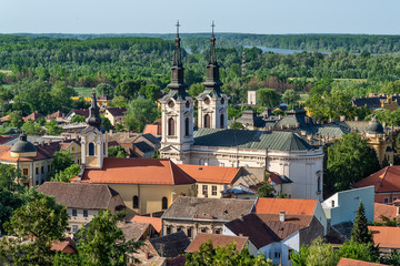 Naklejka premium Sremski Karlovci, Serbia - May 2, 2018: Panorama of Sremski Karlovci. Two churches (Orthodox St. Nicholas Cathedral and Roman Catholic Church Holy Trinity)
