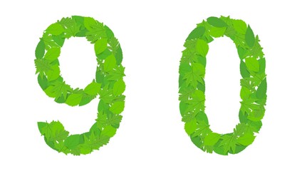 Illustration numbers 9 and 0, green spring-summer leaves, decoration, design.