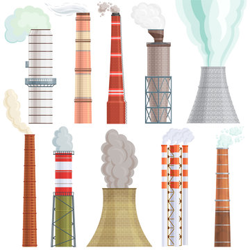 Industry factory vector industrial chimney pollution with smoke in environment illustration set of chimneyed pipe factory with toxic air power energy isolated on white background