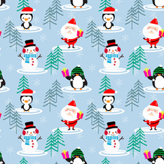 Cute Santa claus and penguin seamless pattern.