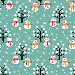 Cute snowman in Christmas snow seamless pattern.