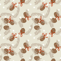 Pine cone and Christmas snow seamless pattern.