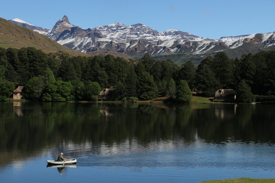 The snow-capped Drakensberg (Dragon's Mountains) tower over Lake Navarone