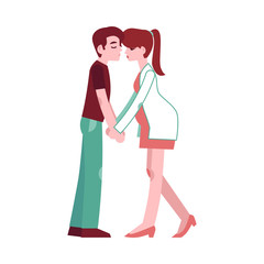 Vector illustration of young family couple expecting child standing together with tenderness and care in flat style - happy wife with tummy and husband waiting baby isolated on white background.