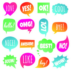 16 Speech bubbles flat gradient style design another shapes with text; love, yes, like, lol, cool, wow, boom, yes... hand drawn comic cartoon style set vector illustration isolated on white background