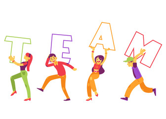 Vector illustration of Team text design with various people holding and carrying big letters in flat style - concept of successful cooperation and teamwork isolated on white background.