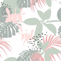 Creative universal floral background in tropical style. Hand Drawn textures. Tropic leaves and flowers in light green and pink colors.