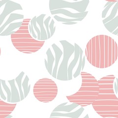 Seamless pattern with doodle circles randomly distributed, abstraction illustration. Light green and pink colors pattern.