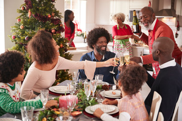 Family talking and raising glasses at the dinner table during a multi generation, mixed race family Christmas celebration