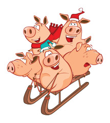 Vector Illustration of a  Funny Piglets on a Sled. Cartoon Character 