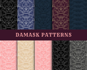 Damask Vector Seamless Pattern Collection. Vintage Style Wallpaper, Carpet or Wrapping Paper Design. Italian Medieval Floral Flourishes, Pink Greek Flowers for Textures. Baroque Leaves