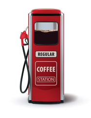 Gas Pump with coffee dispenser. Metaphor coffee is power for people. Creative vector 3d illustration