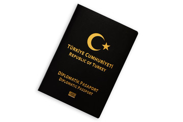 Republic of Turkey black diplomatic passport isolated on white background