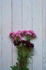 Purple and purple flowers on the background of the boards. wooden background