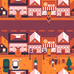 Fototapeta na wymiar Vector autumn city landscape with wide road with houses, people walking on streets, couple sitting at street bench under streetlight. Background in orange for game level map design or decoration