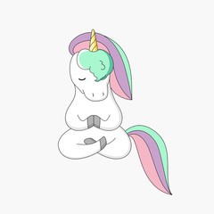 Unicorn does yoga on a white background.