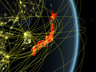 Japan at night on planet planet Earth with network. Concept of connectivity, travel and communication.