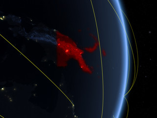 Papua New Guinea at night on planet planet Earth with network. Concept of connectivity, travel and communication.