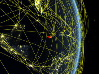 Jamaica at night on planet planet Earth with network. Concept of connectivity, travel and communication.