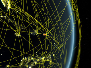 Puerto Rico at night on planet planet Earth with network. Concept of connectivity, travel and communication.