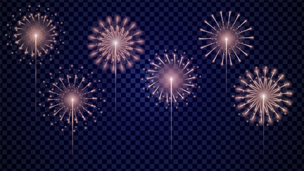 Set of firework Vector realistic with colorful on transparent background. Illustration Design. full color festive illustration