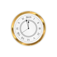 2019 New Year golden clock. Round retro clock with Roman numbers. Couple minutes untill New Year 2019.