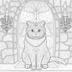 Сat sitting on the window stained glass with candles in castle, coloring book page.