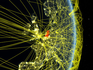 Netherlands at night on planet planet Earth with network. Concept of connectivity, travel and communication.
