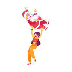 Vector cheerful woman holding santa claus above head smiling. Christmas and new year holiday characters for corporate party, greeting card or invitation design. Isolated illustration