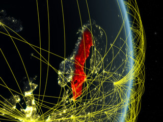 Sweden at night on planet planet Earth with network. Concept of connectivity, travel and communication.