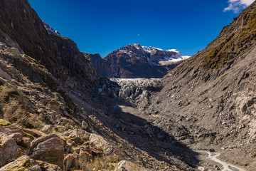 Mountain view of the glacier river and valley at Fox Glacier, West Coast, New Zealand