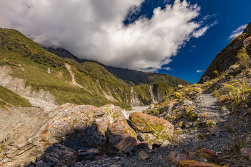 Mountain view of the glacier river and valley at Fox Glacier, West Coast, New Zealand