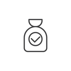 Money bag add outline icon. linear style sign for mobile concept and web design. Bag with check mark simple line vector icon. Symbol, logo illustration. Pixel perfect vector graphics