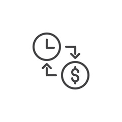 Time is money outline icon. linear style sign for mobile concept and web design. Dollar exchange with clock simple line vector icon. Symbol, logo illustration. Pixel perfect vector graphics