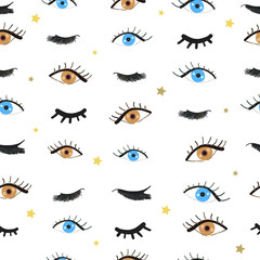 Beauty blue and brown eyes. Opened and closed eyes. Eyelashes pattern